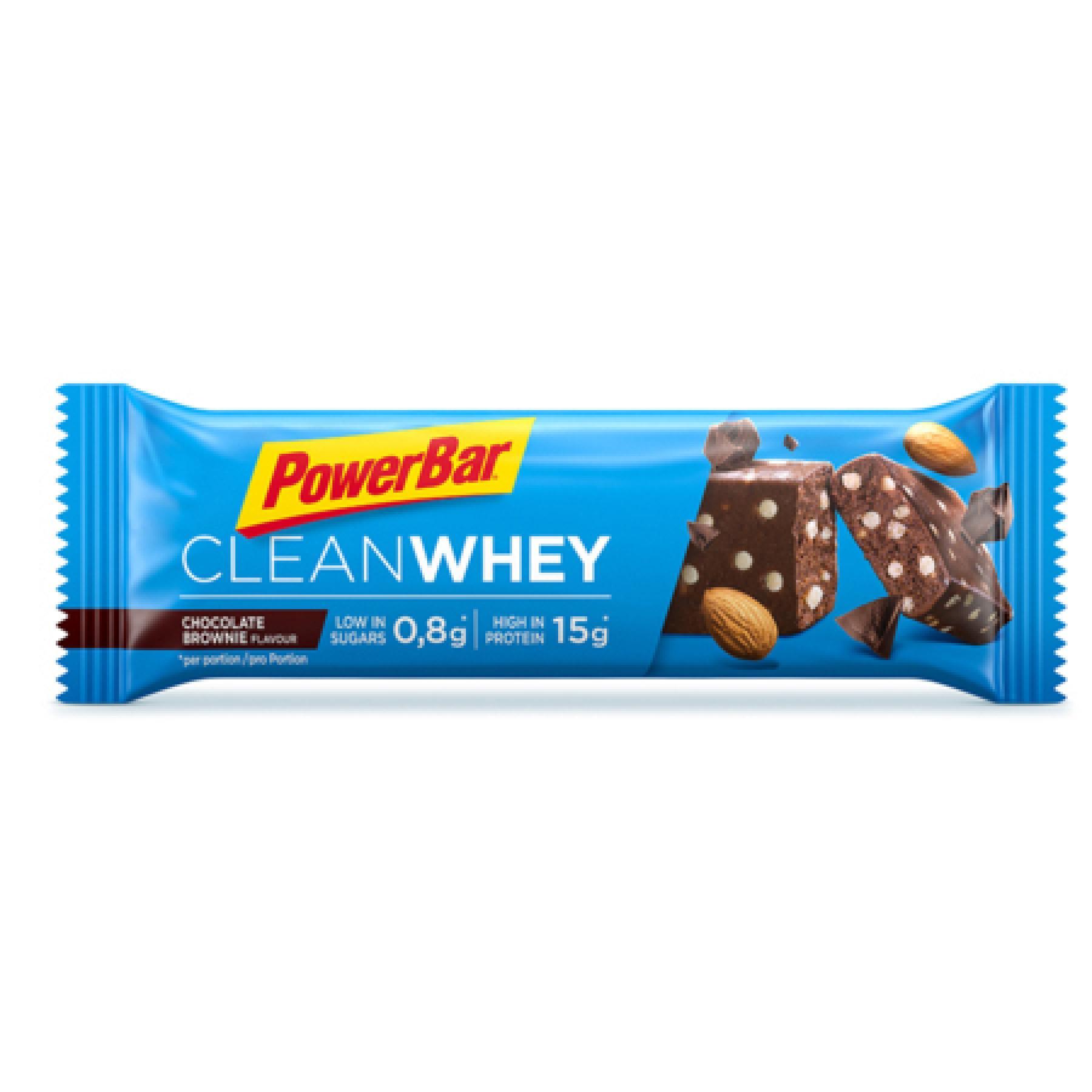 Förpackning med 18 bars PowerBar Clean Whey - Chocolate Brownie